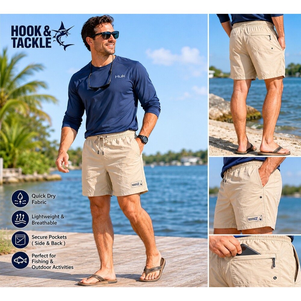 Hook & Tackle Shorts Men XL Tan Nylon Lined Swimtrunks Outdoor Fishing Belted
